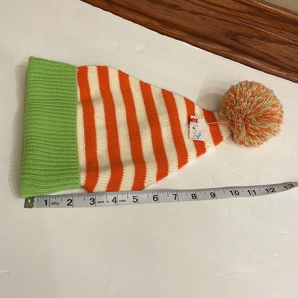 Kids unisex roll down beanie hat stripes w/ Pom Pom orange / cream / green - Picture 8 of 9